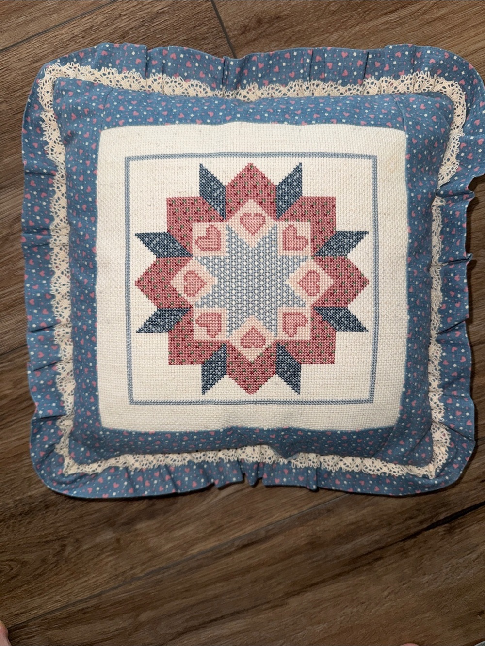 Vintage Handmade Star Quilt Cross-Stitch Decorative Pillow - Blue & Dusty Rose